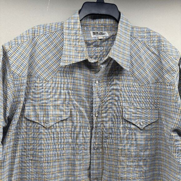 Vintage Ely Cattleman Pearl Snap Shirt Mens 17.5 Blue Yellow Plaid Western Short - Picture 2 of 4